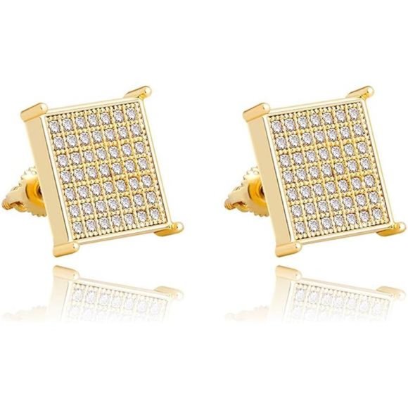 Golden Squares 925 Sterling Silver Simulated  Iced Out Diamond Stud Earrings - Picture 1 of 4